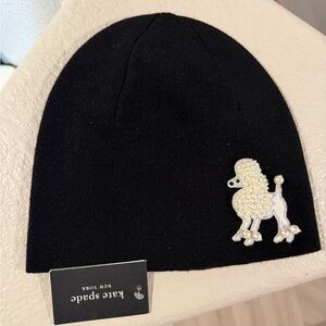 Kate Spade Wool Black Embellished Pearl Poodle Beanie Hat NWT